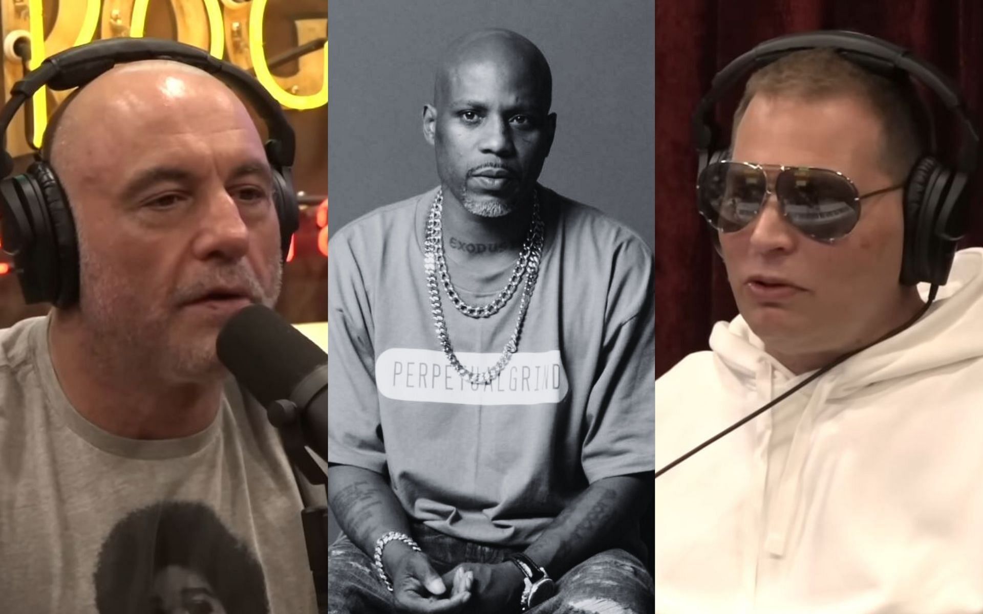 Joe Rogan (left) and Scott Storch (right) talk about the late great rapper DMX (middle). [Image credit: Joe Rogan Experience on YouTube, @dmx on Instagram]