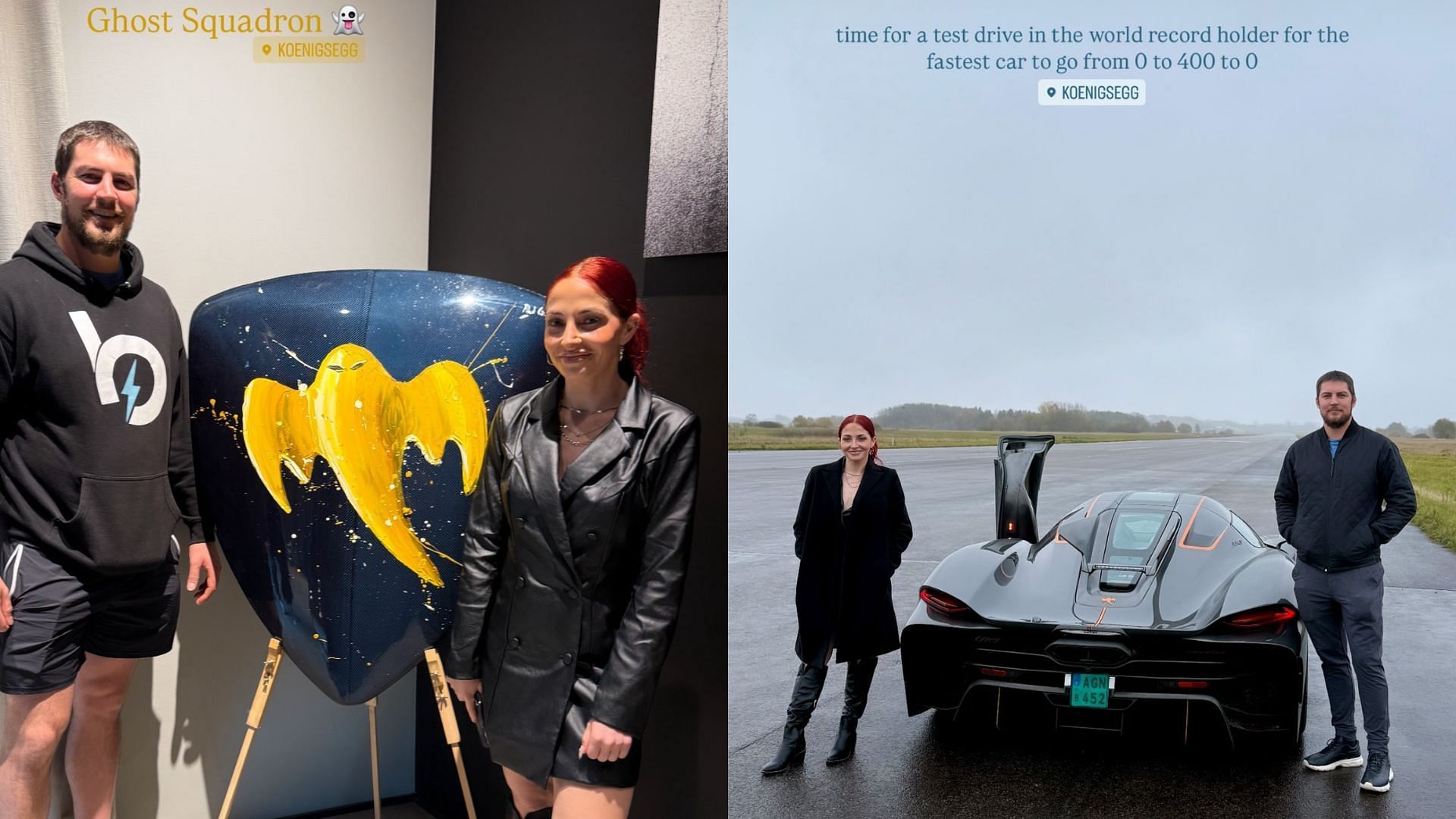 Rachel Luba and Trevor Bauer test driving at Koenigsegg HQ