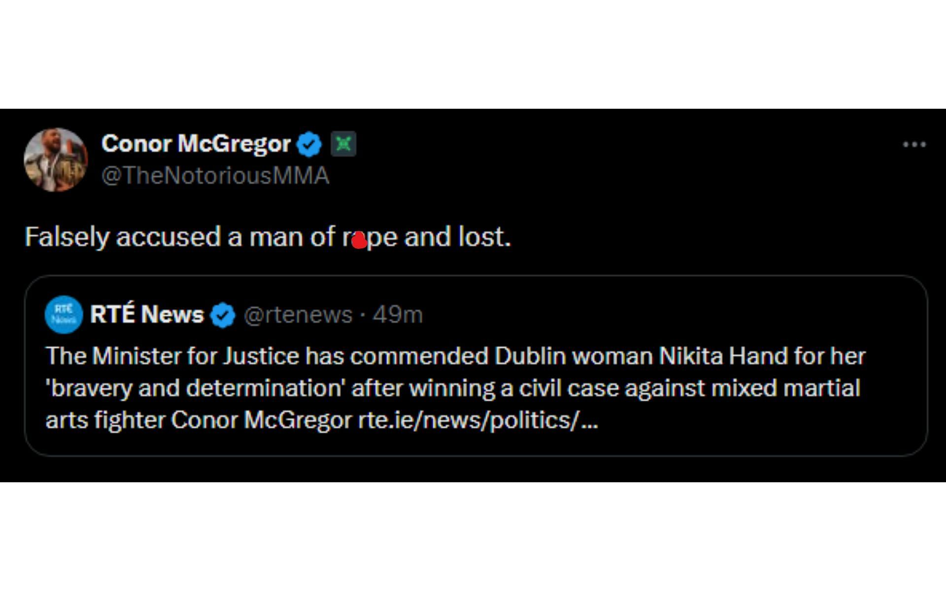 McGregor&#039;s post regarding Ireland&#039;s Minister of Justice [Image courtesy: @TheNotoriousMMA - X]