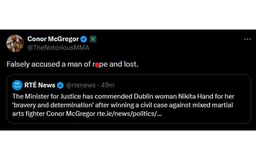 McGregor's post regarding Ireland's Minister of Justice [Image courtesy: @TheNotoriousMMA - X]