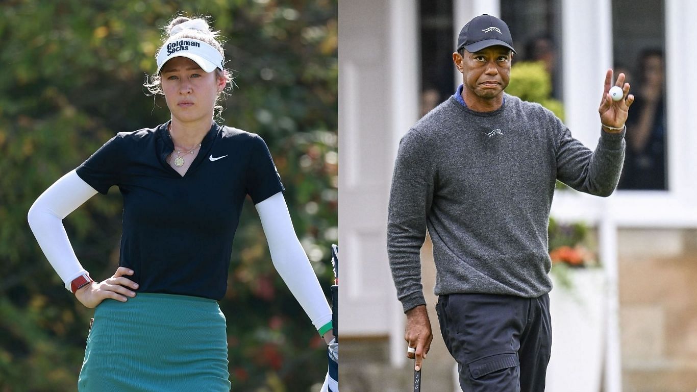 Nelly Korda poses with Tiger Woods during the TaylorMade&rsquo;s 2024 shoot. Image via Getty Images