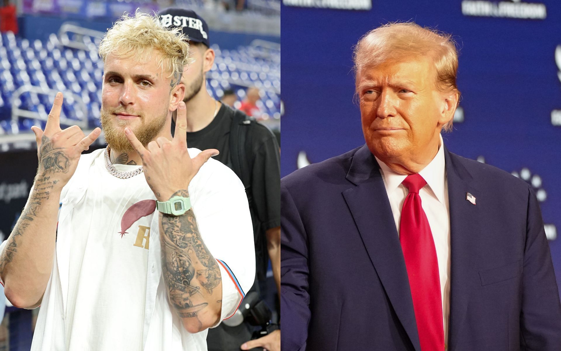 Fans react to Jake Paul (left) endorsing Donald Trump (right). [Image courtesy: Getty Images] 