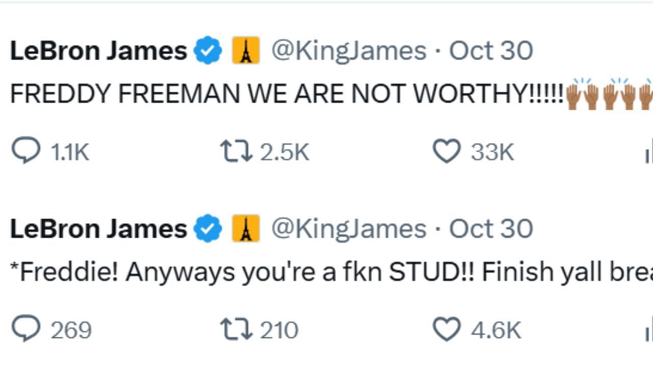 James correcting himself for misspelling Freeman's name. [photo: @KingJames/X]