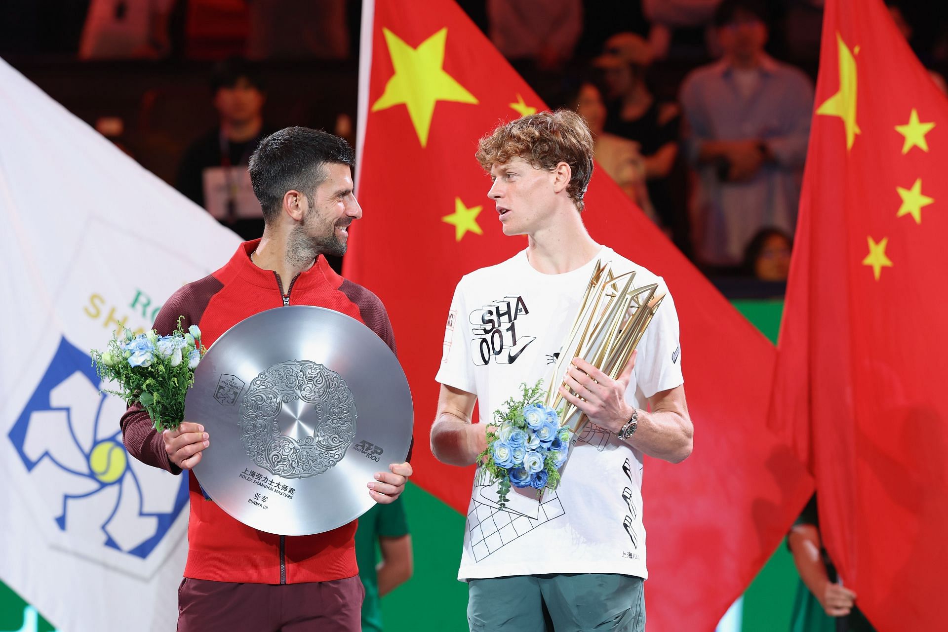 The Serb (L) pictured with Jannik Sinner at the 2024 Shanghai Masters - Image Source: Getty