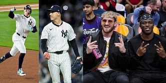 Aaron Judge reacts to Yankees closer Luke Weaver supporting "best tallest friend" via Logan Paul and KSI's energy drink promotion