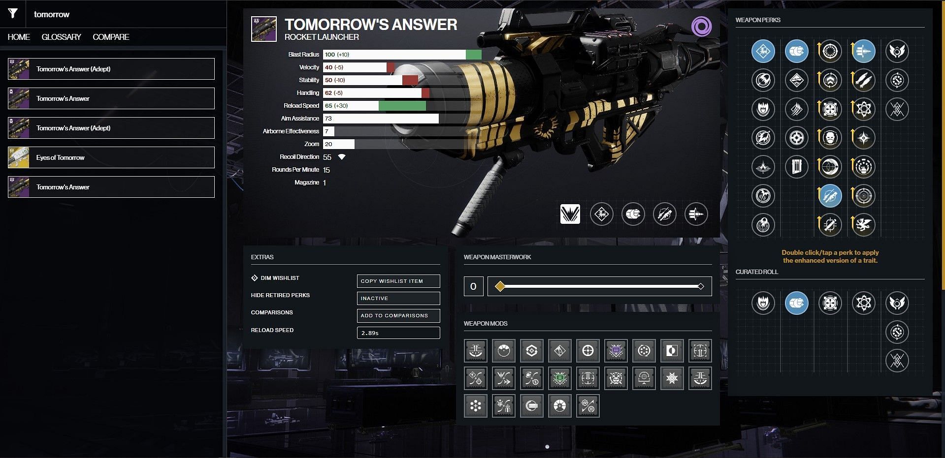 Tomorrow&#039;s Answer PvE god roll (Image via Bungie/D2Gunsmith)