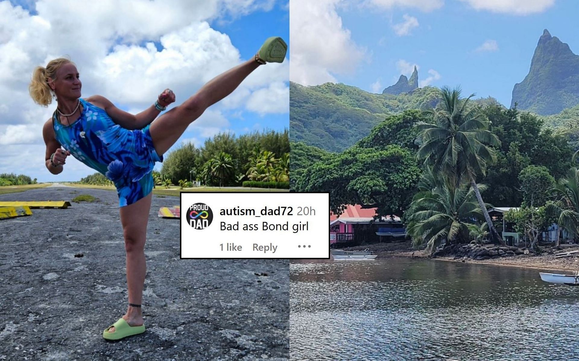 Fans react (insert) to Valentina Shevchenko (left) and her trip to Tahiti (right). [Image credit: @bulletvalentina on Instagram]