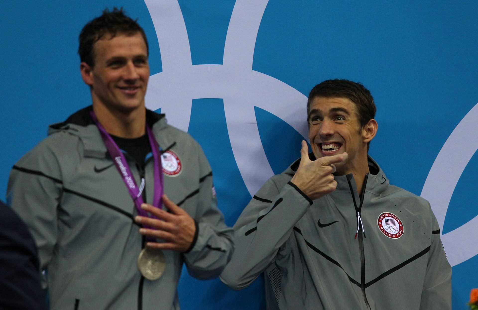 Michael Phelps and Ryan Lochte during the London 2012 Olympic games in London, UK. (Photo via Getty Images)