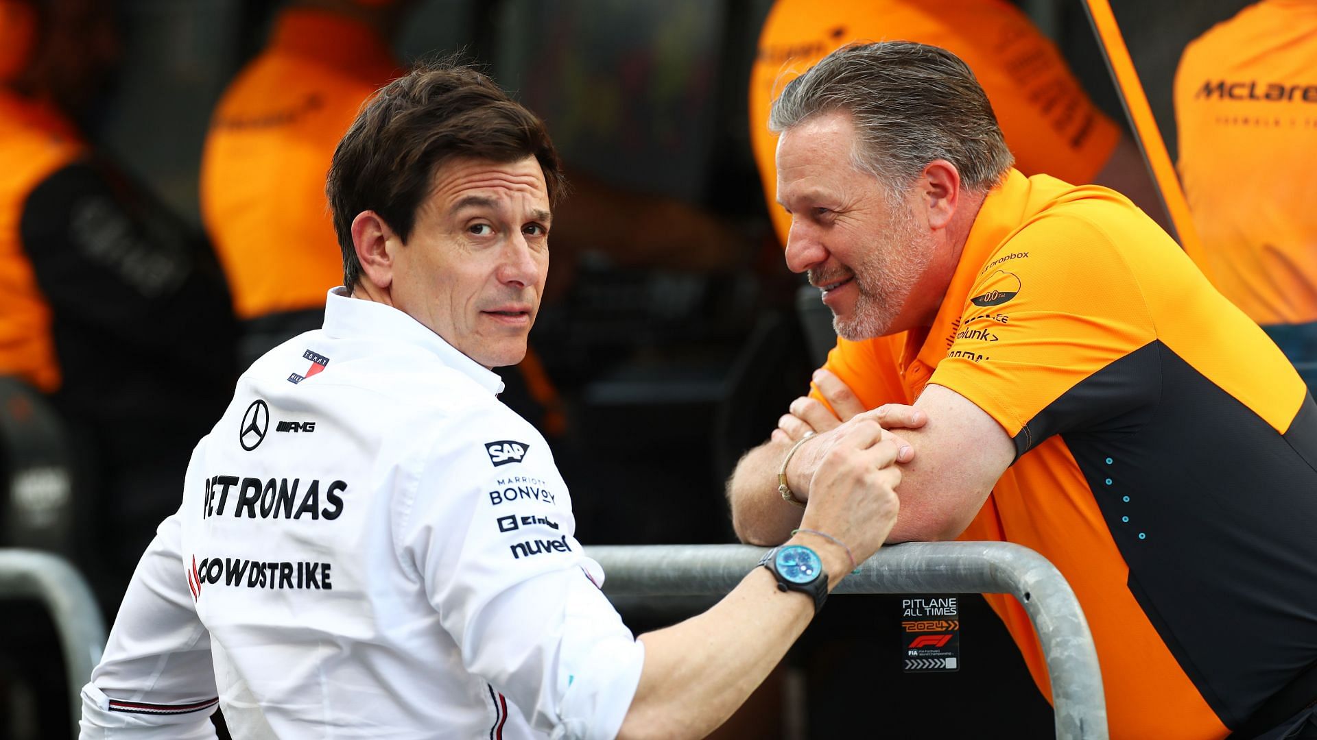 Mercedes boss Toto Wolff and his McLaren counterpart Zak Brown at the F1 Grand Prix of Saudi Arabia - Final Practice - Source: Getty Images