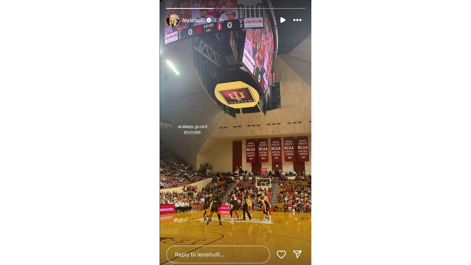 Lexie Hull posts a message of support for the Stanford Cardinal during their game against the Indiana Hoosiers. Photo Credit: Lexie Hull&#039;s IG account