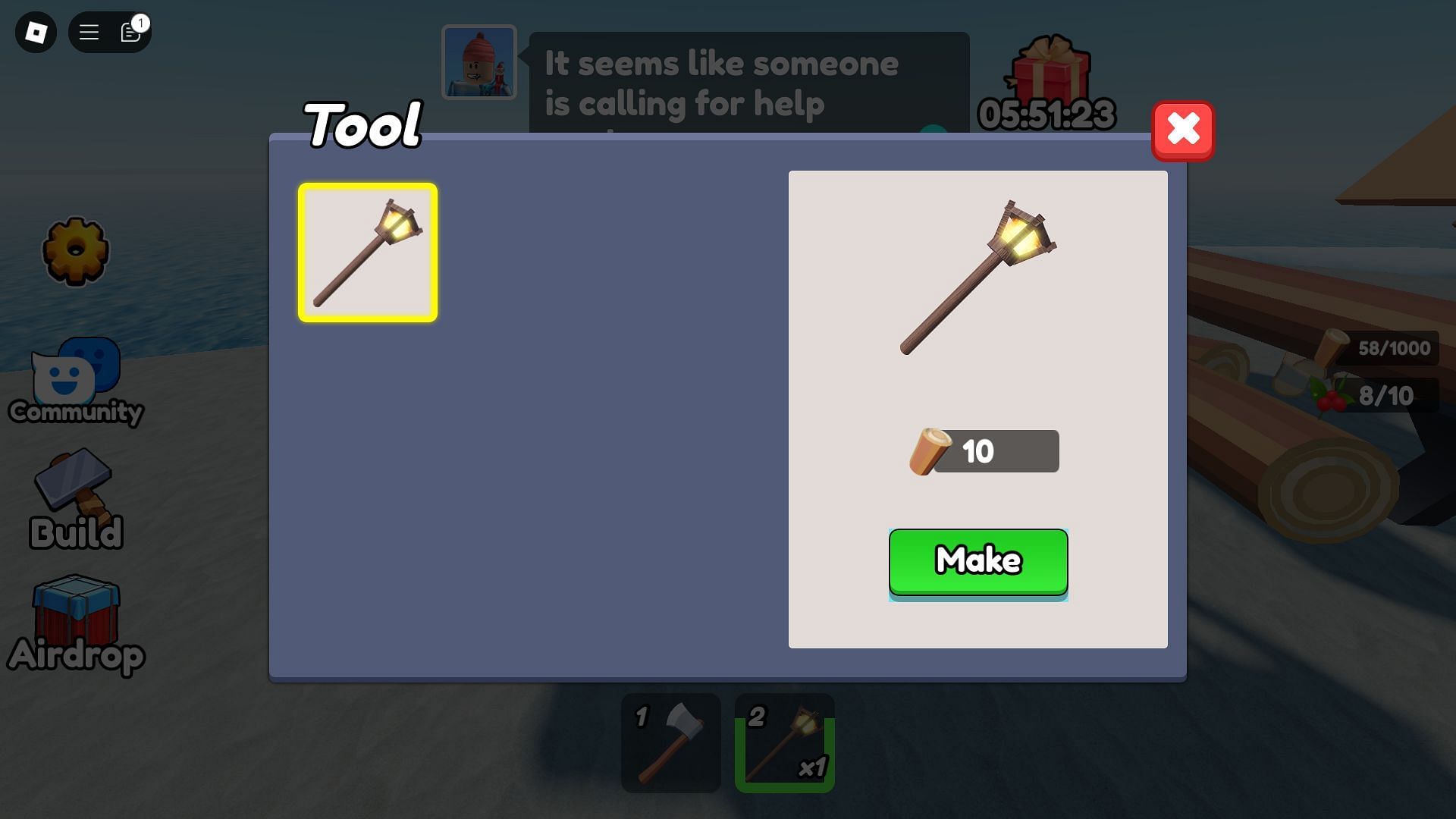 Crafting a tool (Image via Roblox)