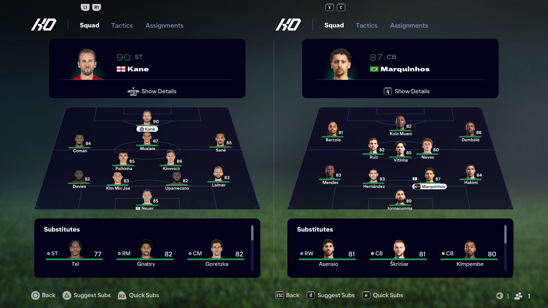 Bayern Munich vs PSG: Starting XI comparison (Image via EA Sports)