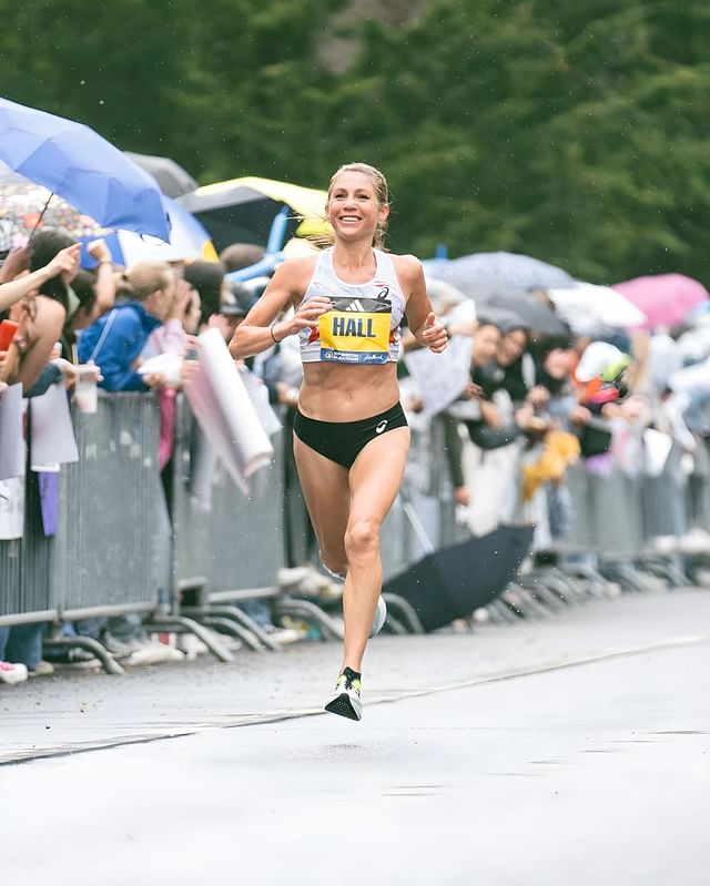 Sara Hall at Boston Marathon in April 2024 / Source Source - Instagram @sarahall3