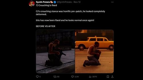 CJ's posture while crouching has been fixed (Image via X/@SynthPotato)