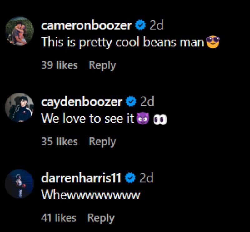 Cameron Boozer (IG/@cameronboozer) and Cayden Boozer (IG/@caydenboozer) react to Jordan Smith Jr.&#039;s Instagram post.