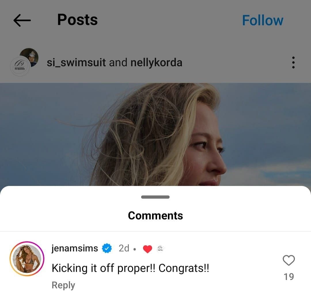 Jena&#039;s Sims&#039; comment on Korda&#039;s post [Image Credit: Instagram - @si_swimsuit, @nellykorda]