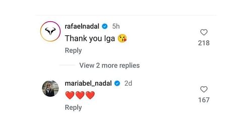 Rafael Nadal and Maribel Nadal's comments on Iga Swiatek's Instagram post