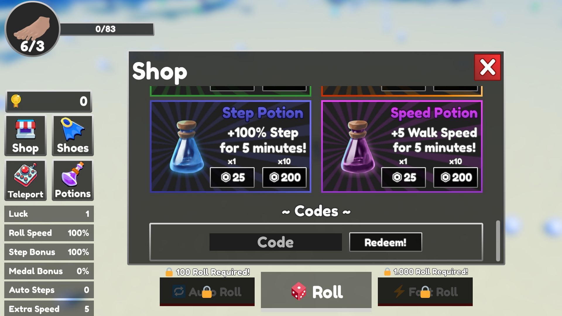 Redeem codes in Speed RNG (Image via Roblox)