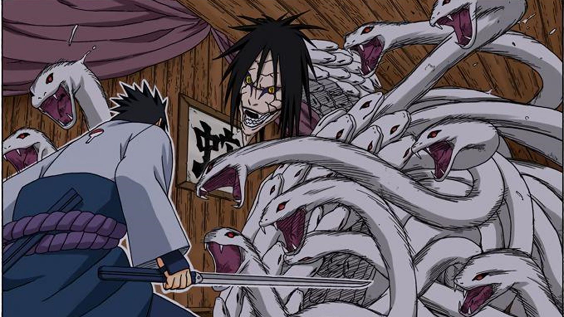 Orochimaru fighting Sasuke in the Naruto manga (Image via Shueisha)