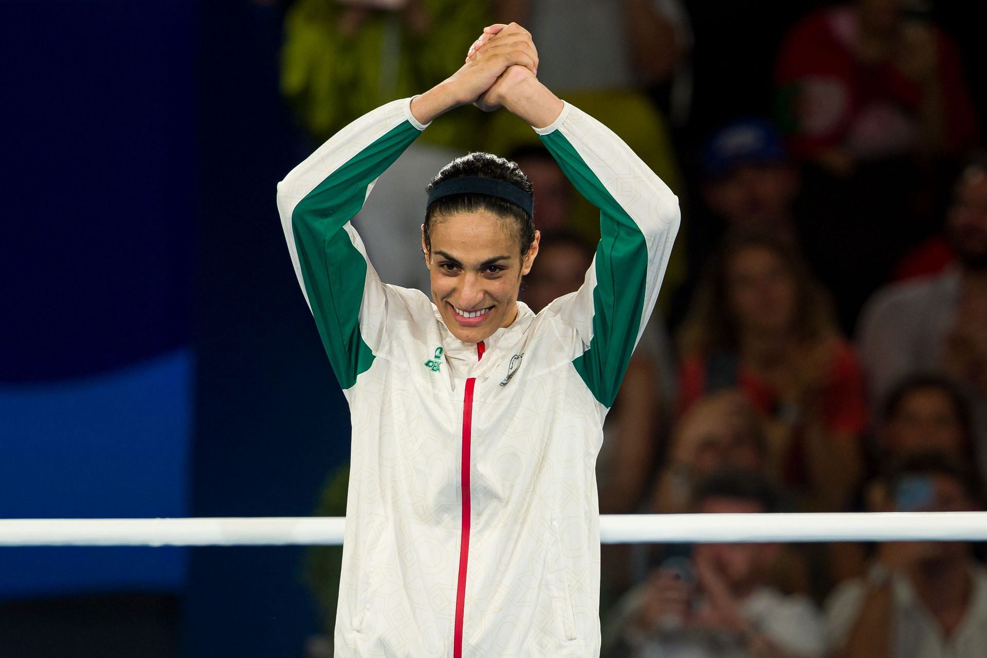 Gold Medallist Imane Khelif of Team Algeria celebrates during the Boxing Women&#039;s 66kg medal ceremony at the Paris Olympics (Image Source: Getty)