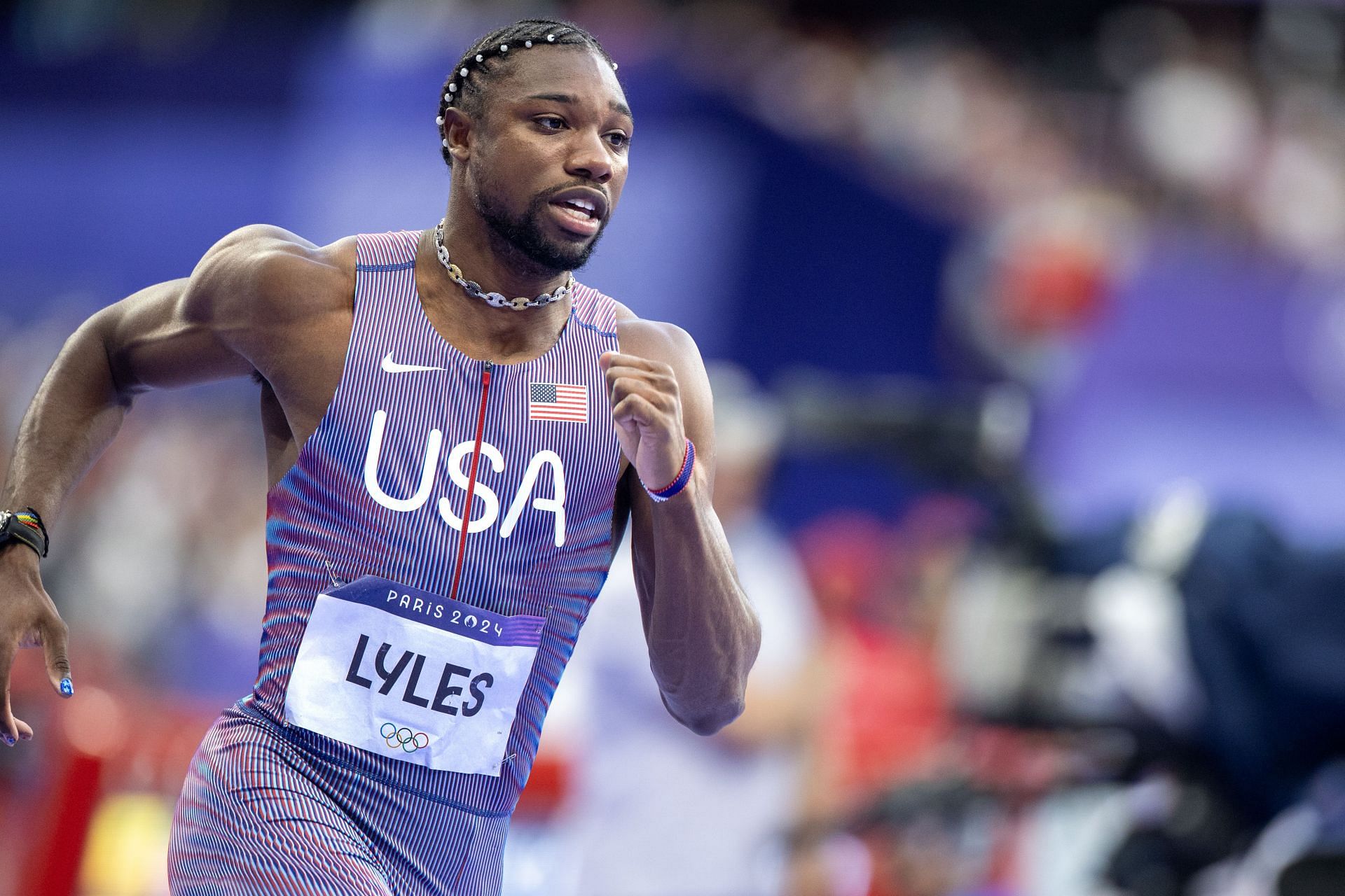 Noah Lyles of the United States prepares for the start of the Men&#039;s 200m Semi-Final during the 2024 Summer Olympic Games in Paris, France (Photo via Getty Images)