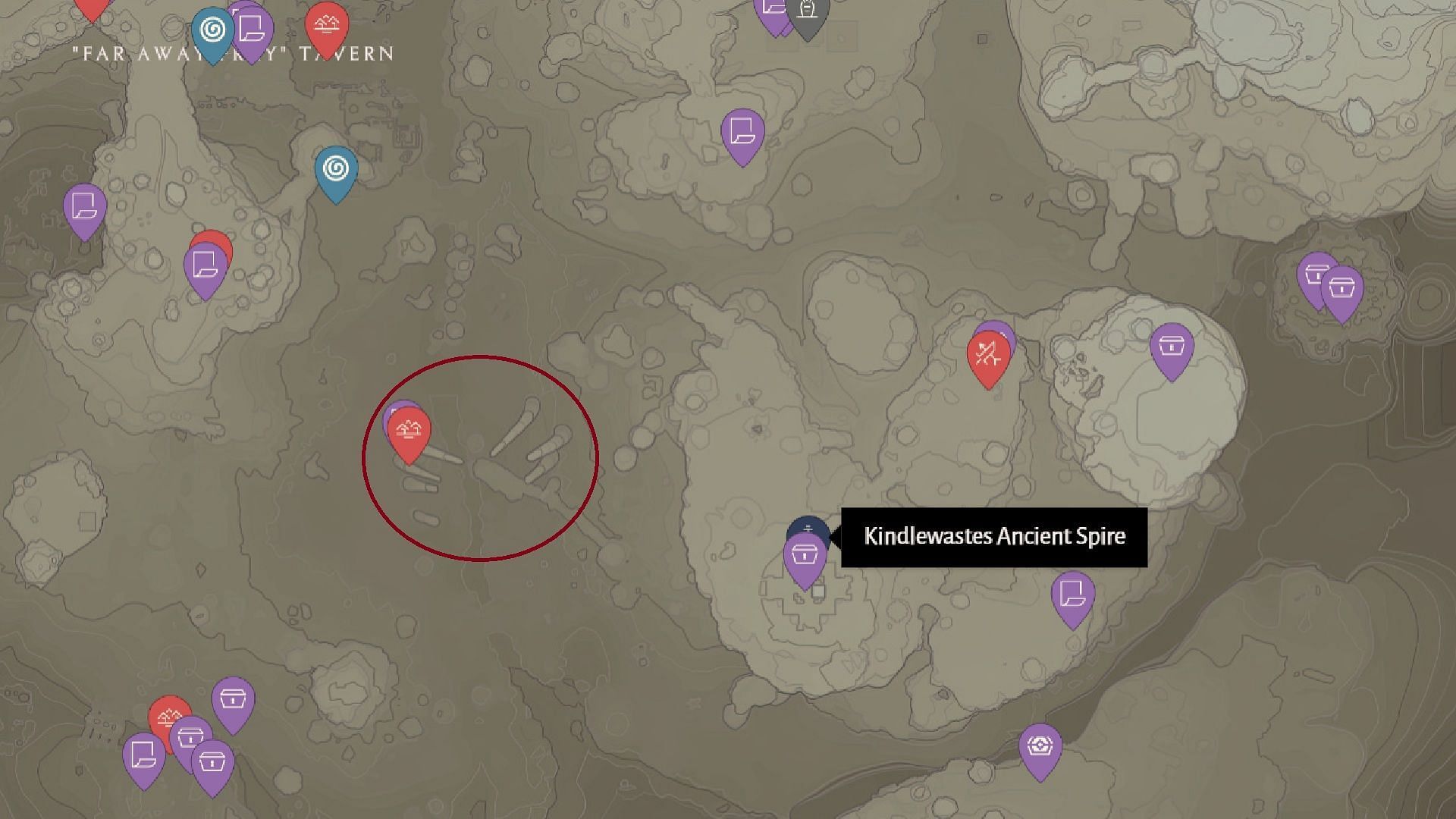 The second location of the Fossilized Bone is near Kindlewastes Ancient Spire (Image via Keen Games/mapgenie)