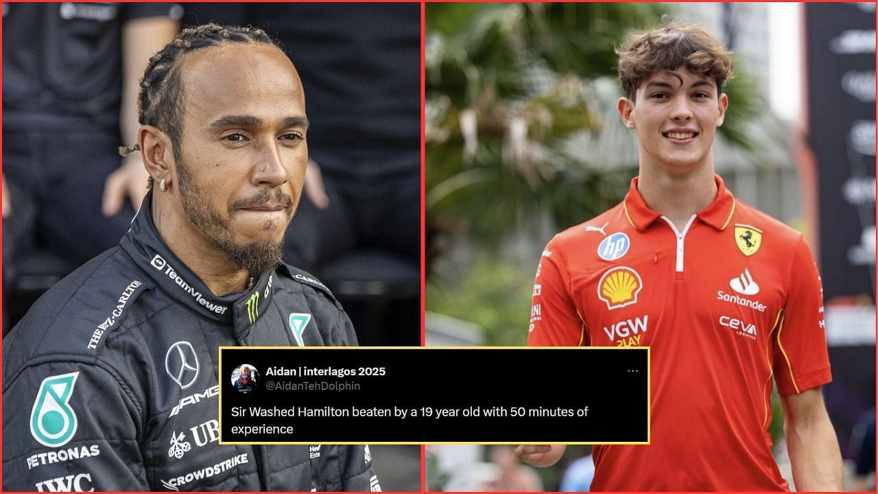 In Picture: Lewis Hamilton and Oliver Bearman (L-R). Credit: Getty Images. Fan reaction by: x.com/AidanTehDolphin