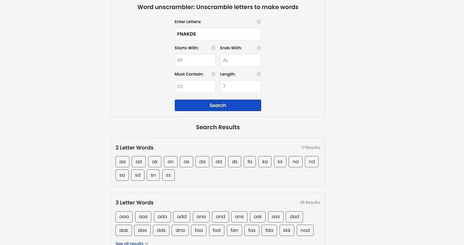 Sportskeeda&rsquo;s Word Unscrambler tool (Source: Sportskeeda)