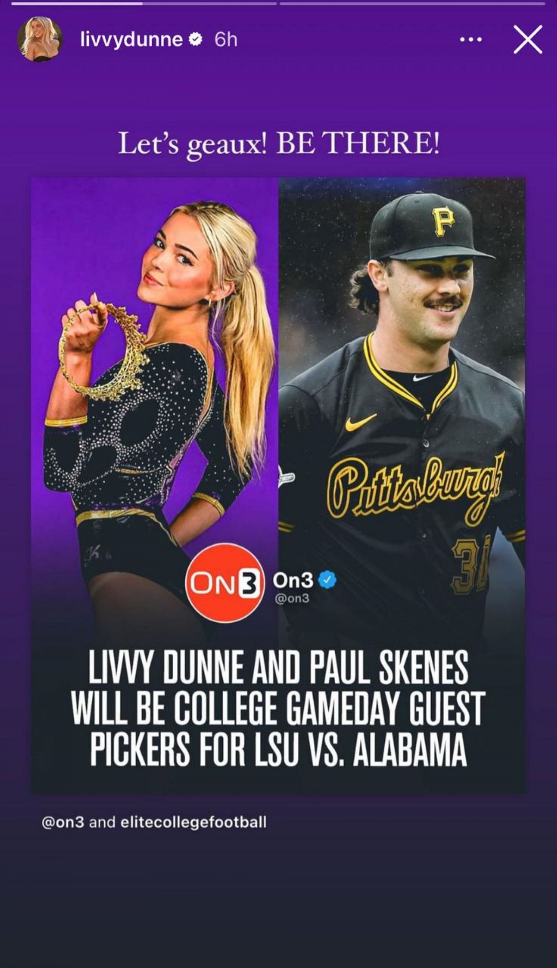 Olivia Dunne and Paul Skenes will be guest pickers at College GameDay; Instagram - @livvydunne