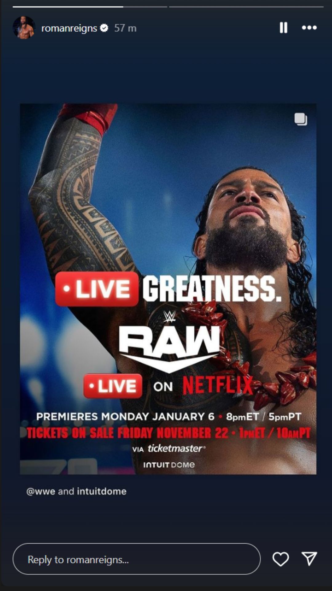 A screengrab of Roman Reigns&#039; Instagram Story.