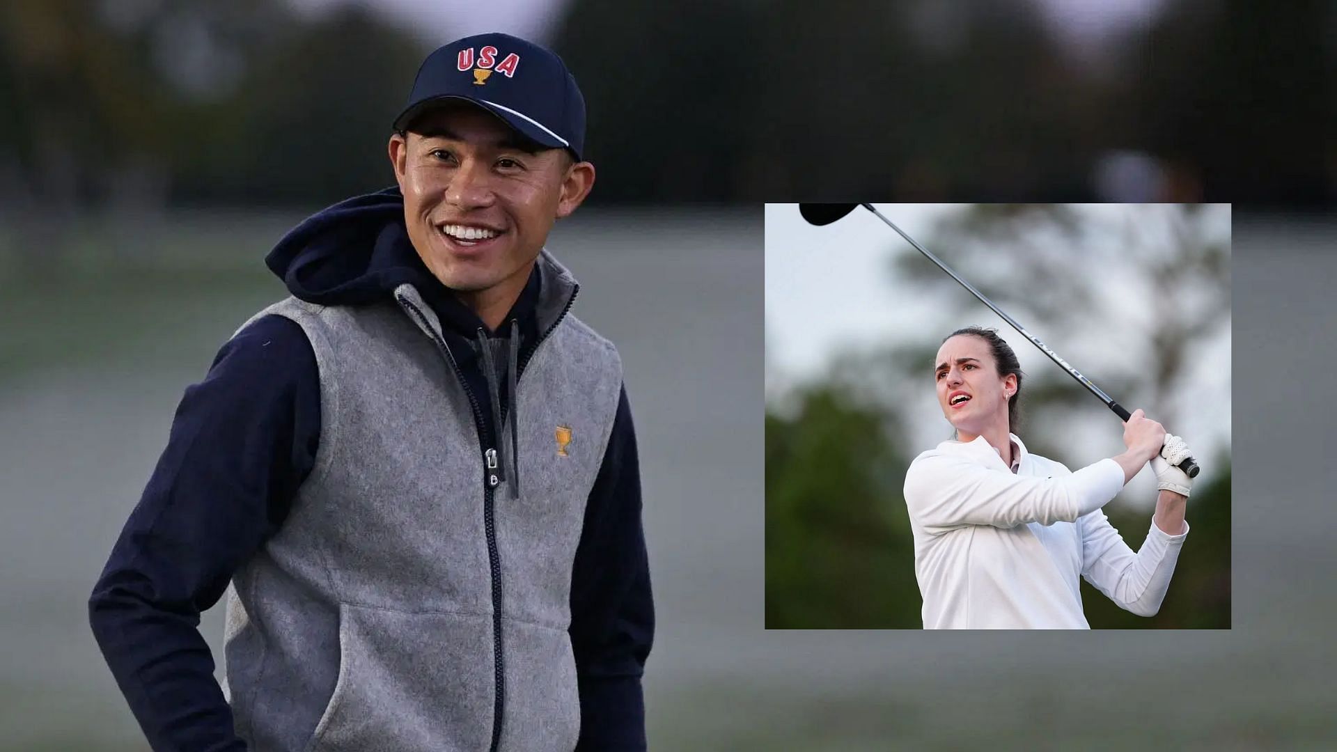 Collin Morikawa calls out Caitlin Clark while working on his 3 footers (Images via Getty)