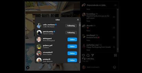 Likes under Jessica Korda's Instagram post/@thejessicakorda