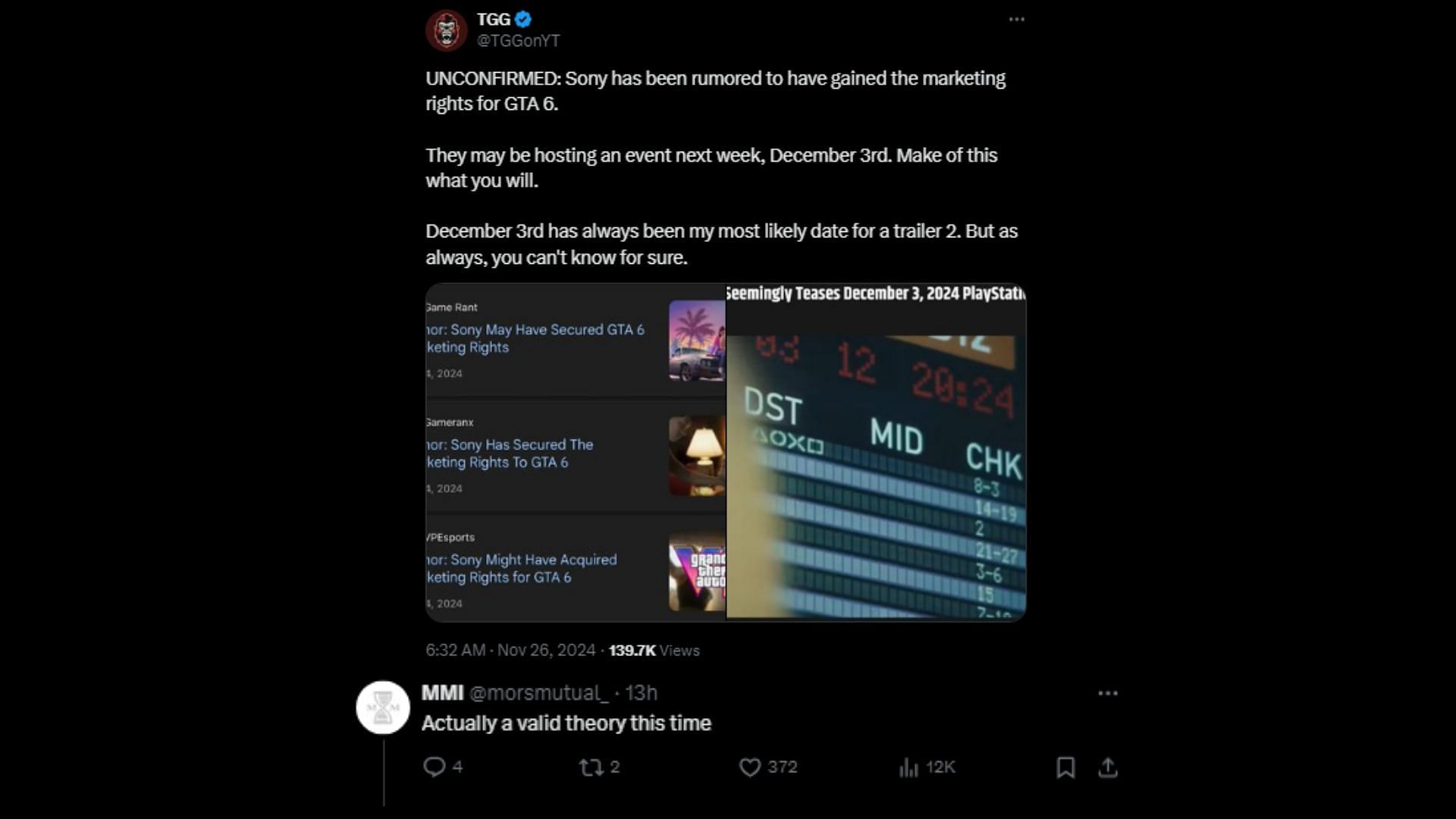 TGG&#039;s tweet on the new GTA 6 trailer 2 release fan theory (Images via X)