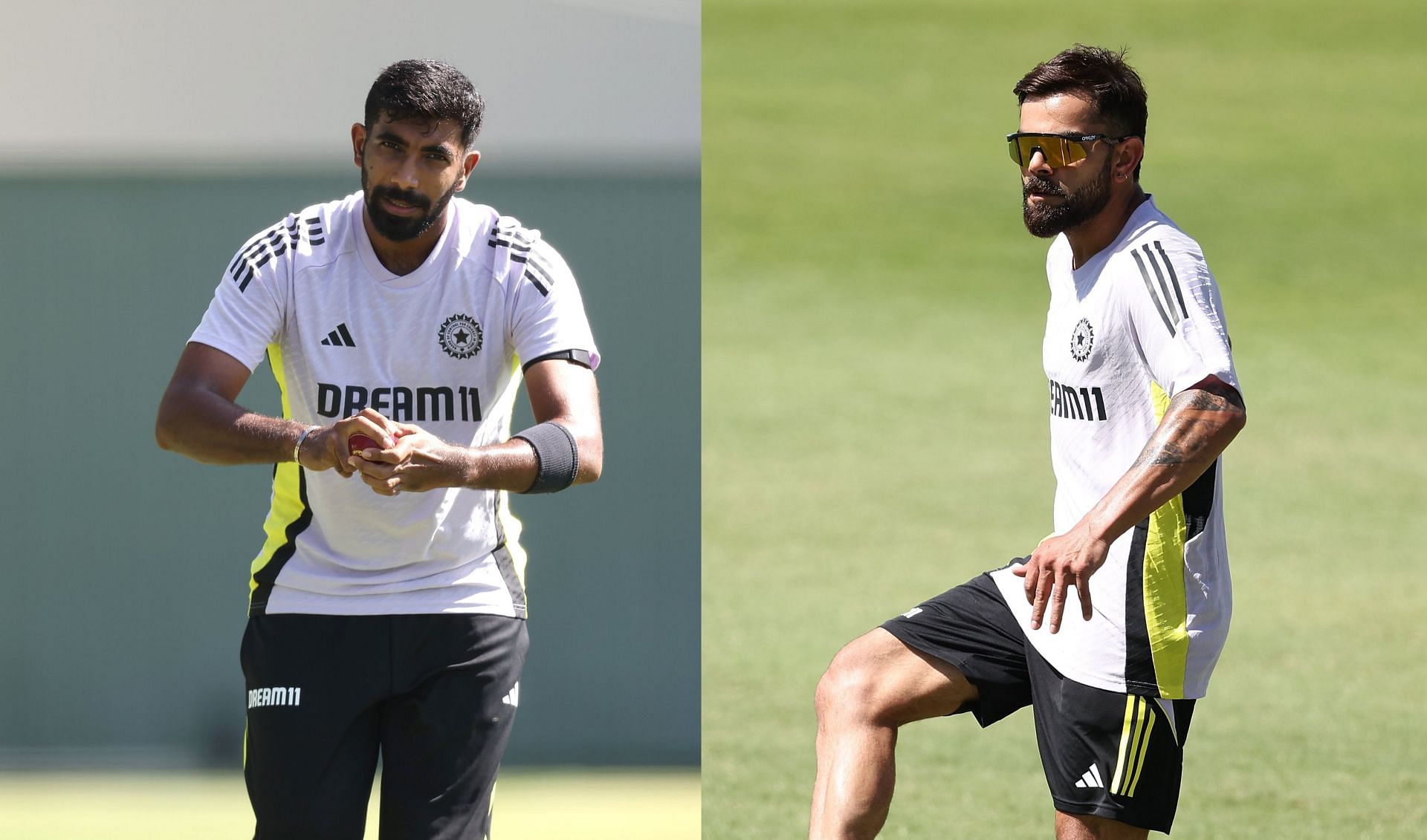 Jasprit Bumrah (l) and Virat Kohli (r) in nets in WACA. (Image: BCCI/X) 