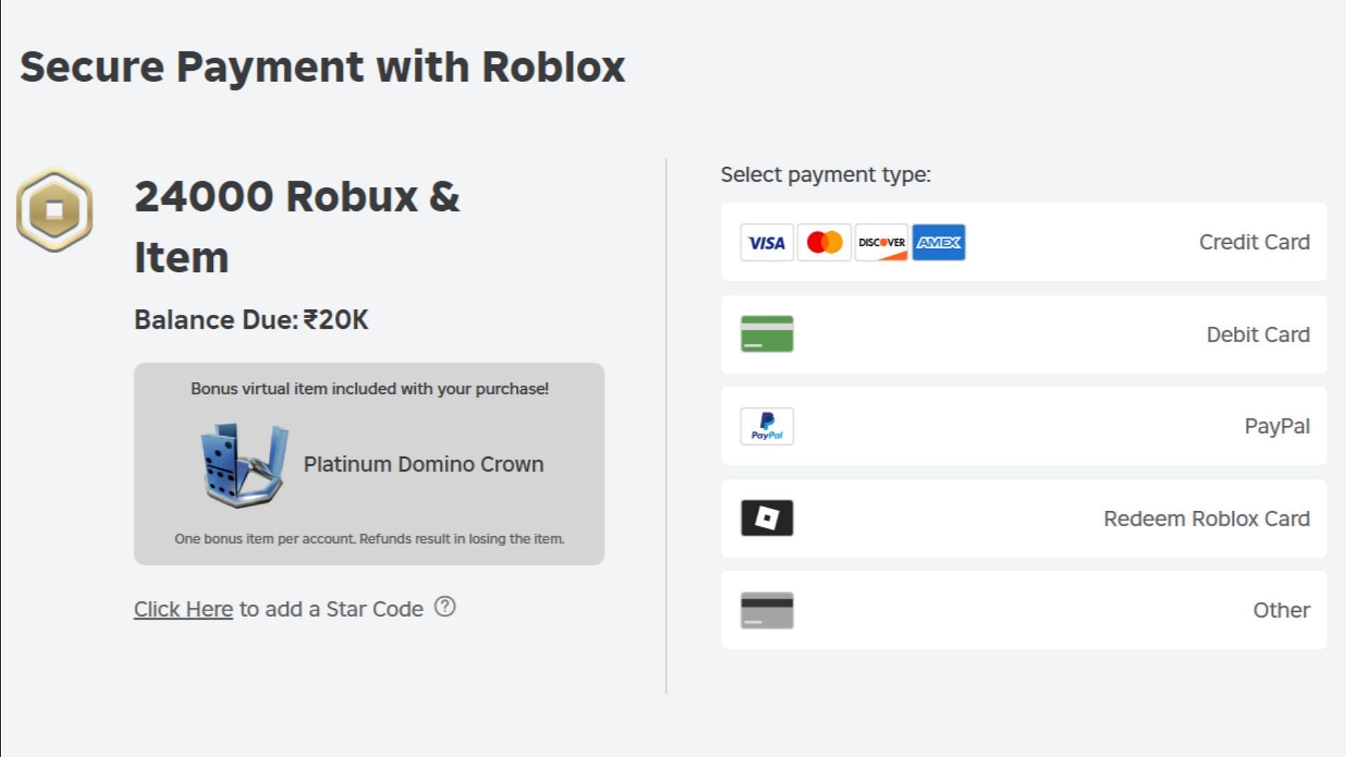 Supported payment methods (Image via Roblox)