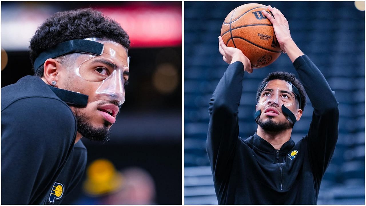 Why is Tyrese Haliburton wearing a mask tonight vs Blazers? (Photos: Pacers on Instagram)