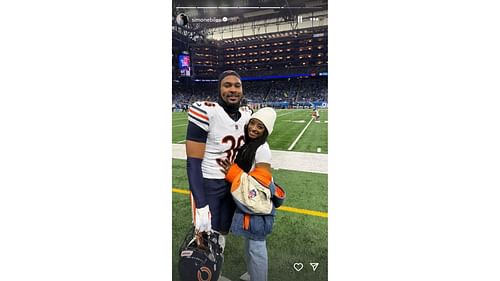 Simone Biles and husband Jonathan Owens pose together after Bears Thanksgiving game [Image credit: @simonebiles IG]