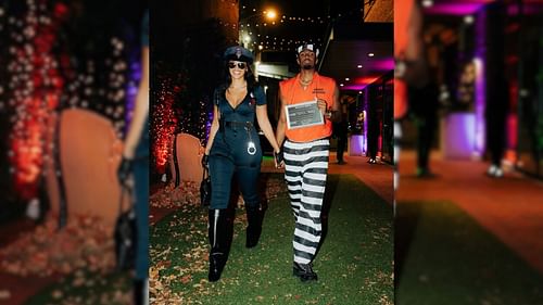 Tyrese Maxey and Myra Gordon hold hands as they arrive at the Philadelphia 76ers' Halloween party (Photo from @sixers/ IG)