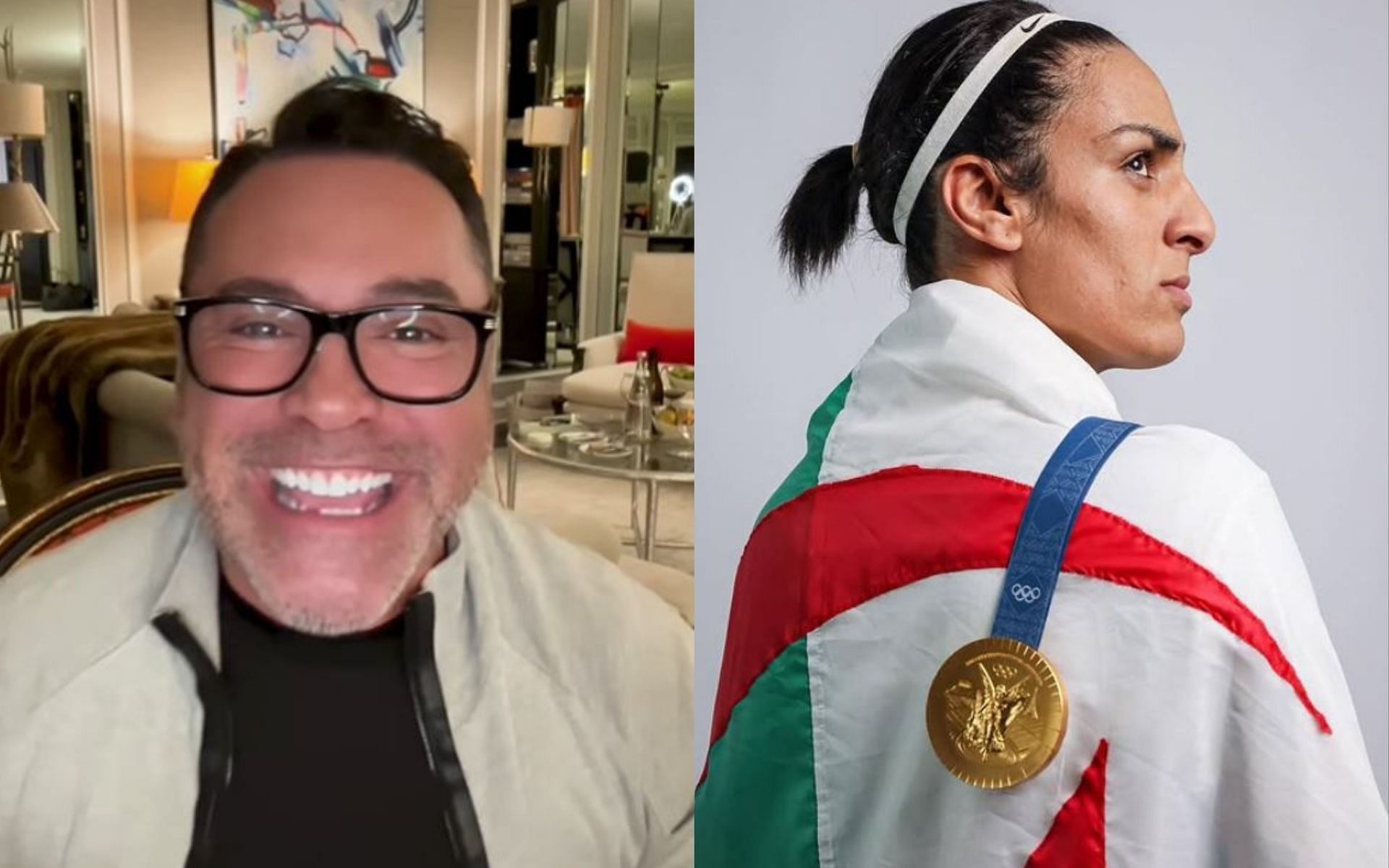 Oscar De La Hoya (left) slams the IOC after a leaked medical report surfaces that allegedly proves Imane Khelif (right) is a biological male. [Image credit: @oscardelahoya, @imane_khelif_10 on Instagram]