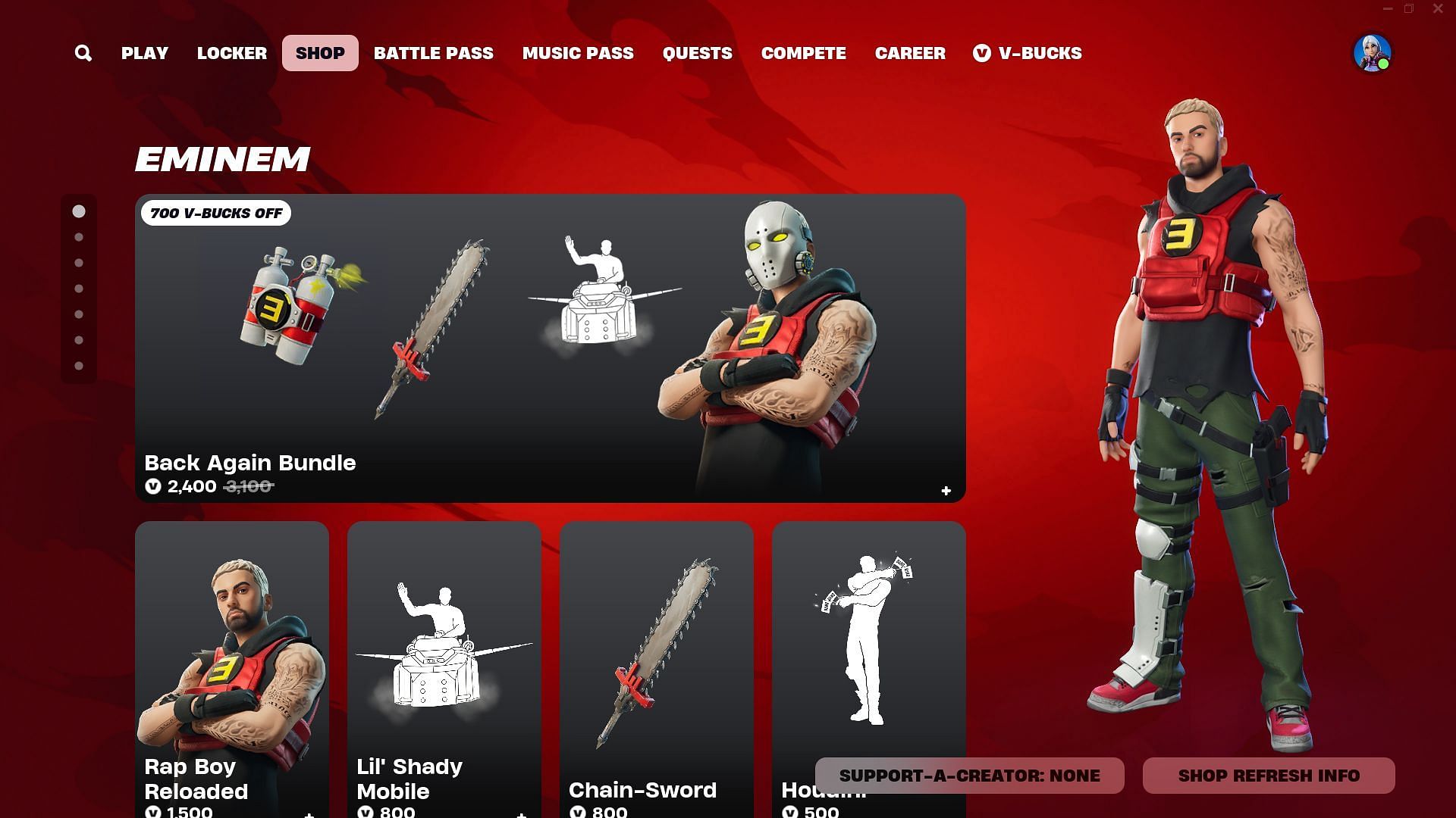 The Rap Boy Reloaded Eminem skin in Fortnite is listed in the Item Shop (Image via Epic Games)