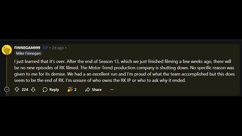 Mike Finnegan confirmed the show's cancelation after a 12-year run. (Image via Reddit)