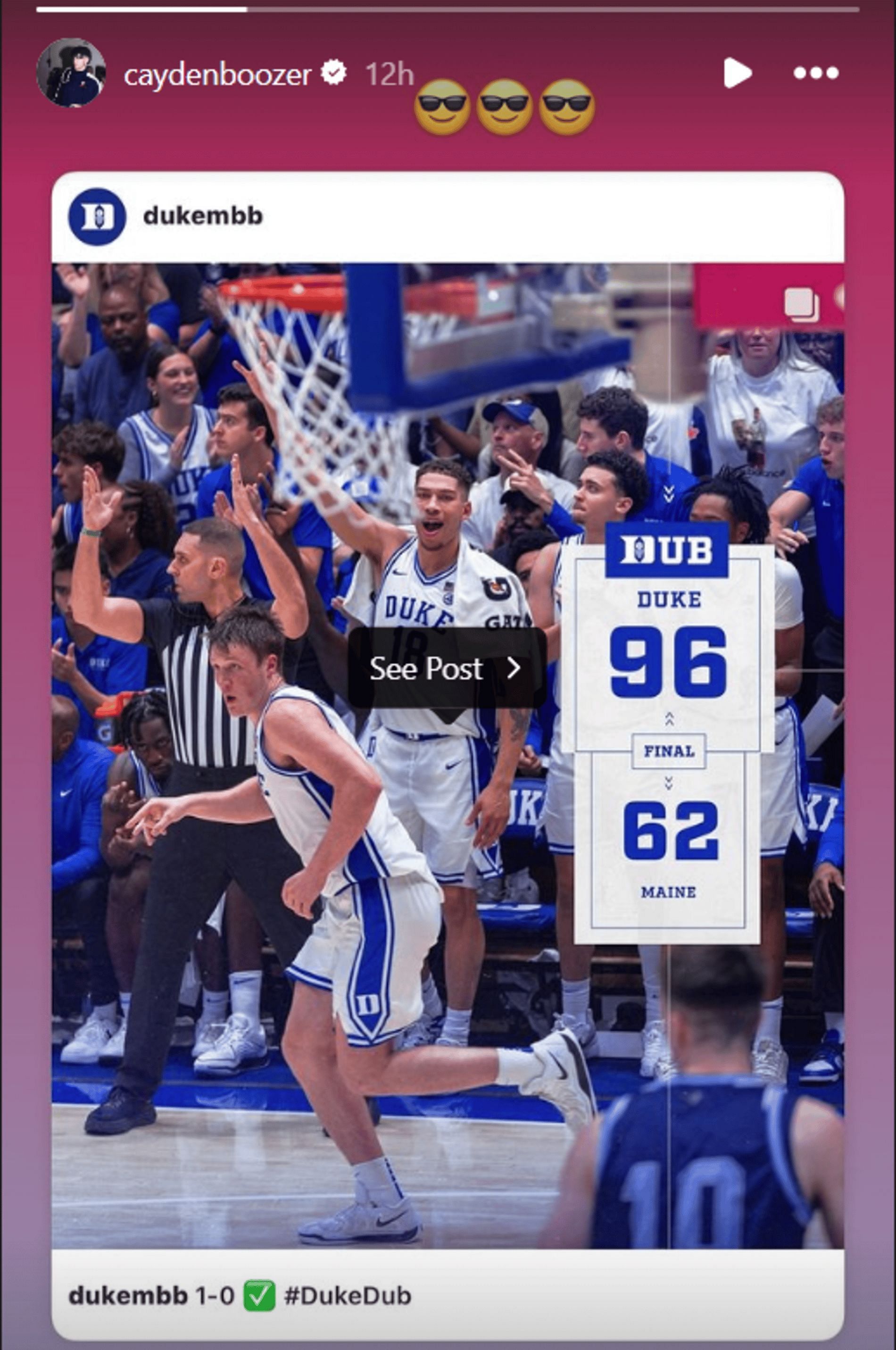 Cayden Boozer reacts to Blue Devils win (Source: Instagram/caydenboozer)