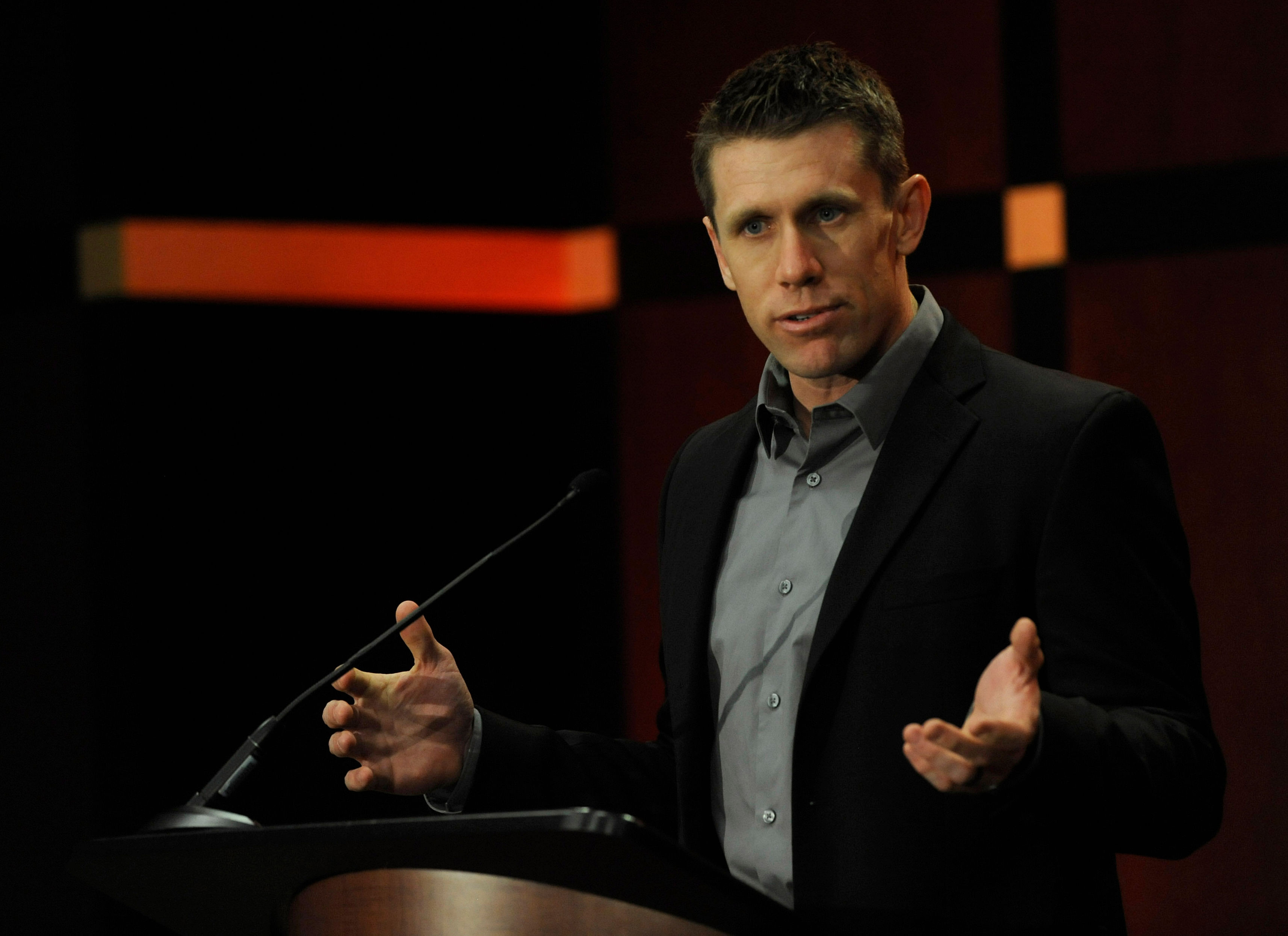 Jan 11, 2017; Huntersville, NC, USA; NASCAR driver Carl Edwards announces his retirement during a press conference at Joe Gibbs Racing headquarters. Mandatory Credit: Sam Sharpe-Imagn Images