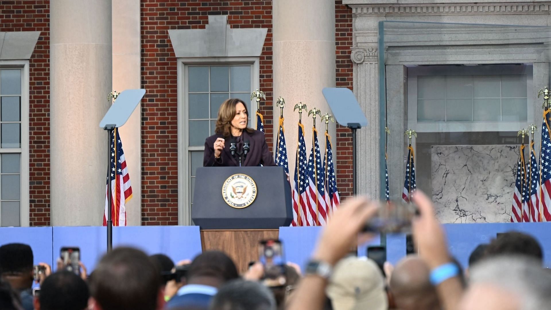 Vice President of the United States and Democratic Party candidate Kamala Harris delivers remarks in a concession speech at Howard University on November 6, 2024. (Photo by Kyle Mazza/Anadolu via Getty Images)