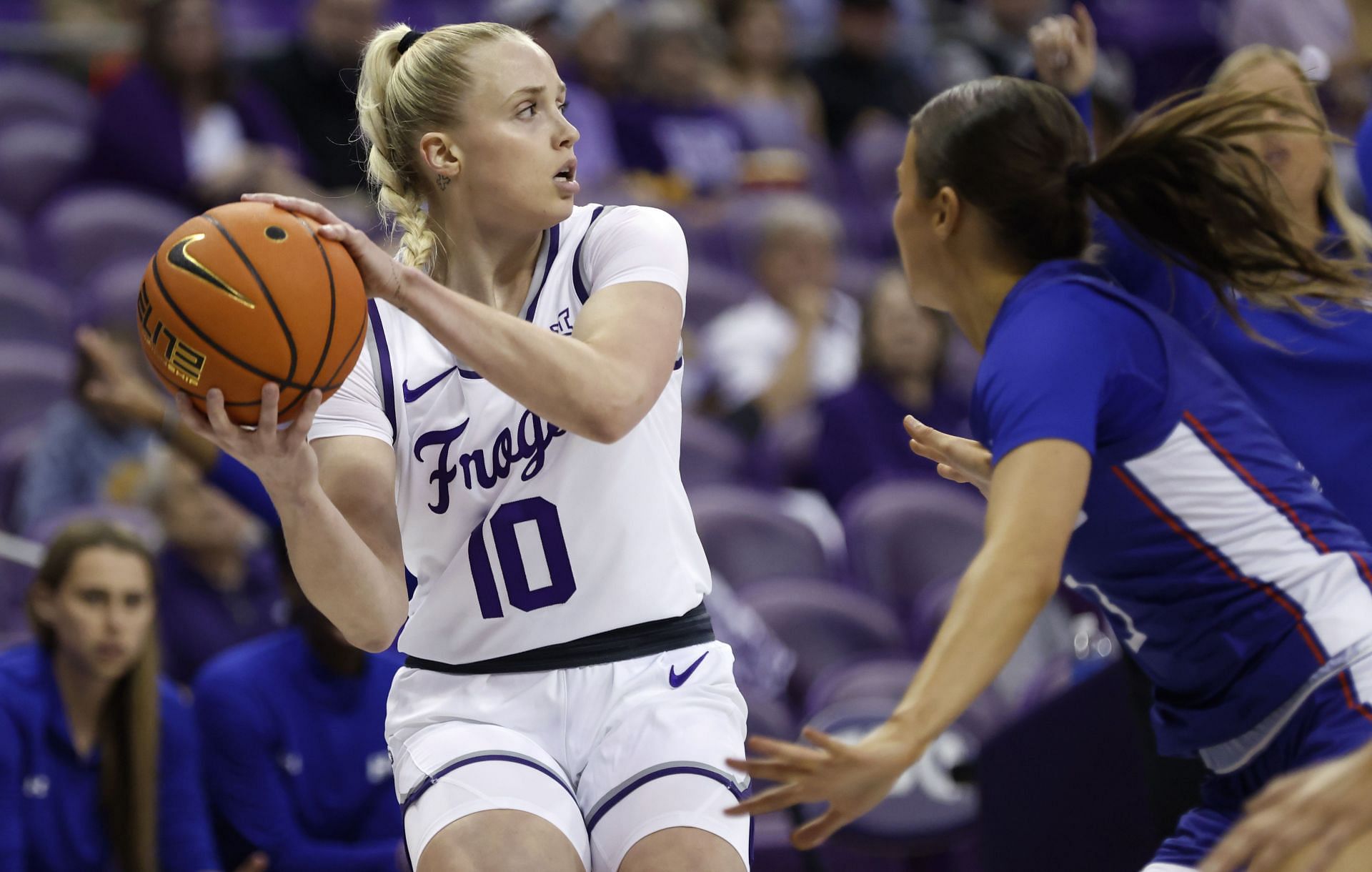 Hailey Van Lith looks to pass in TCU&#039;s game against Houston Christian. Photo: Getty