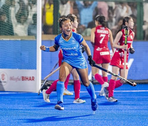 Lalremsiami celebrates her goal against Japan.