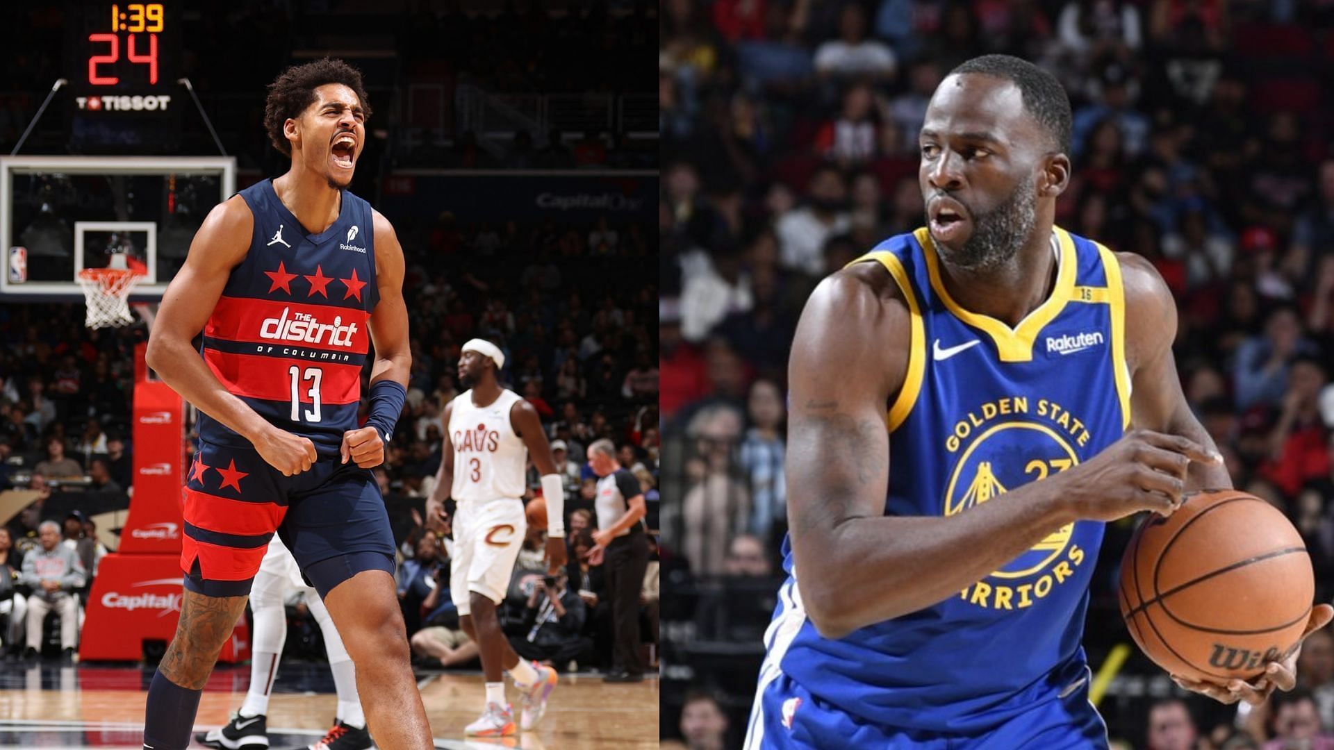 Jordan Poole mocks Draymond Green (Image Source: X/@WashWizards, X/@Warriors)