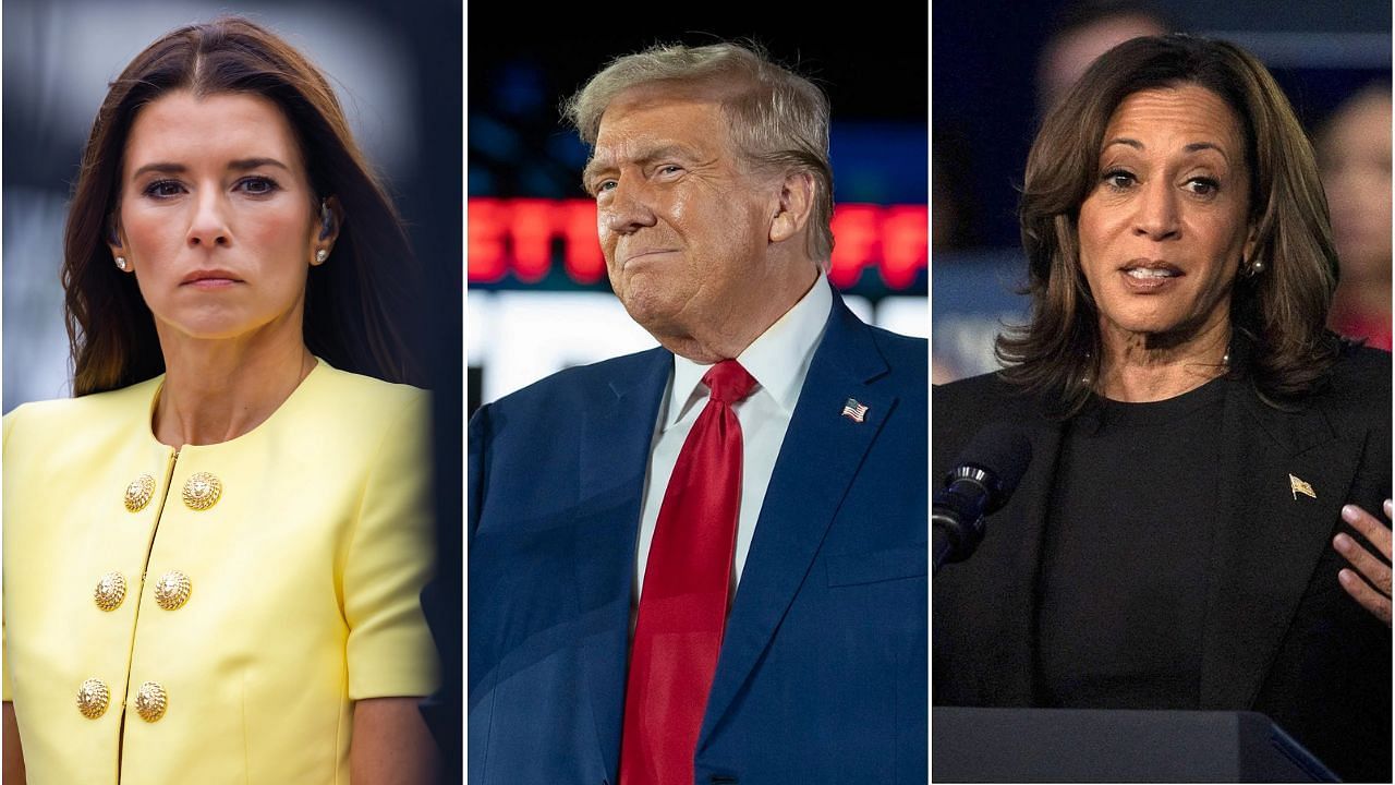 Former NASCAR driver Danica Patrick (L), Presidential candidates Donald J. Trump (C) and Kamala Harris (R) (Source: Imagn)