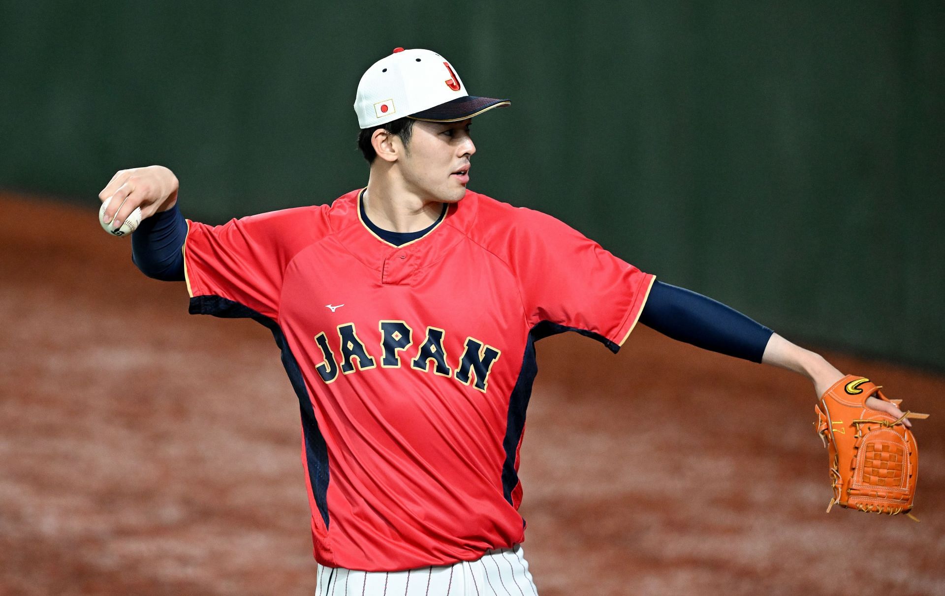 Roki Sasaki in a training session for team Japan during the 2023 WBC. Source: Getty