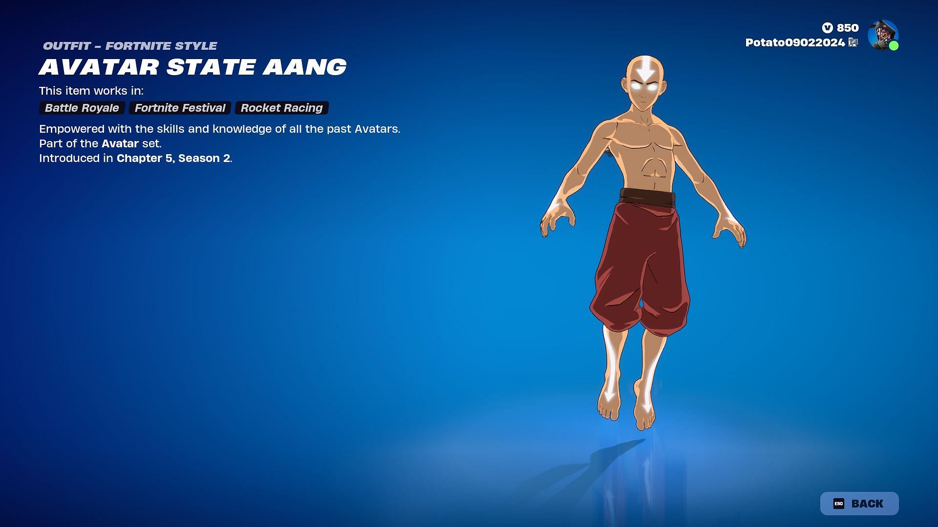 The Aang skin in Fortnite is listed in the Item Shop (Image via Epic Games)